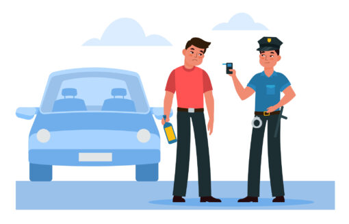 Police officer stops drunk driver and suggests he take breathalyzer test. Alcohol testing. Man character holding bottle. Dangerous behavior on the road. Cartoon flat style isolated vector concept